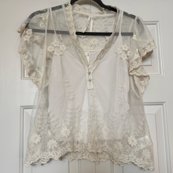 ANTHROPOLOGIE Cream Lace Flutter Sleeve Romantic Fairy Boho Gypsy Blouse Cami S - Picture 5 of 16